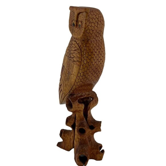 Hand Carved Owl on Stand One Piece Natural 9” Tall Lightweight - Picture 9 of 14